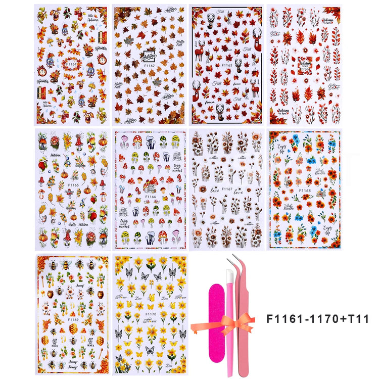 10pcs/set 3D Autumn Pumpkin Nail Stickers Maple Leaf Flower Self-Adhesive Nail Decal Slider Thanksgiving DIY Manicure Decoration