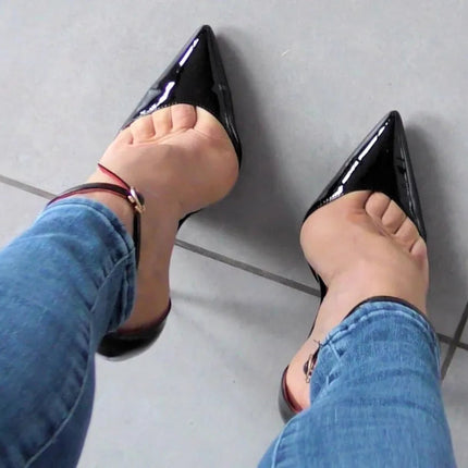 Black Patent Leather Women Ankle Strap Stiletto Pumps Pointed Toe Sexy High Heel Shoes 8cm 10cm 12cm Customize 33-46 PlatiNum