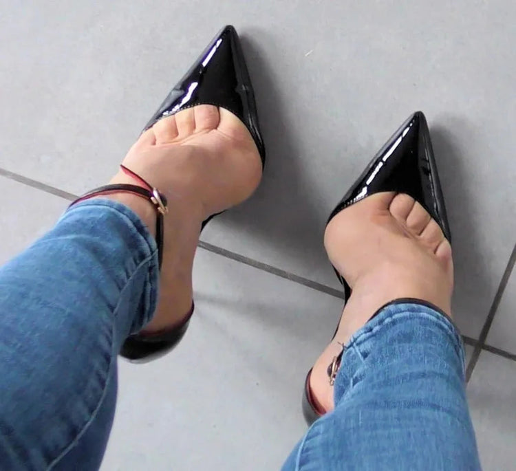 Black Patent Leather Women Ankle Strap Stiletto Pumps Pointed Toe Sexy High Heel Shoes 8cm 10cm 12cm Customize 33-46 PlatiNum