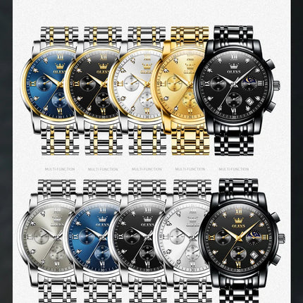 OLEVS 2858 Orologio da Uomo in Acciaio Inossidabile, Impermeabile, Antigraffio, con Fasi Lunari, Luminoso, Cronografo, Orologio da Polso al Quarzo di Lusso platinumshop