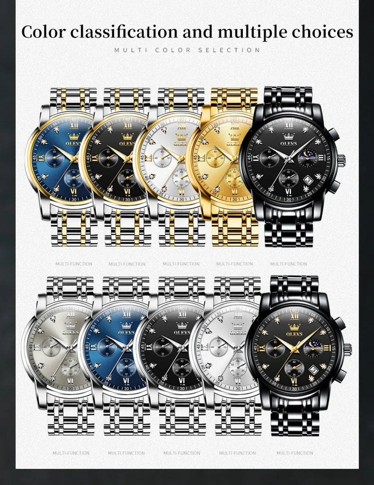 OLEVS 2858 Orologio da Uomo in Acciaio Inossidabile, Impermeabile, Antigraffio, con Fasi Lunari, Luminoso, Cronografo, Orologio da Polso al Quarzo di Lusso platinumshop