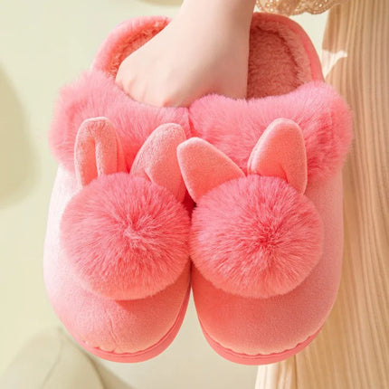 Thick Sole Winter Plush Slippers Cozy Faux Rabbit Fur Indoor House Shoes for Women & Men Couple Matching Slides with Closed Back