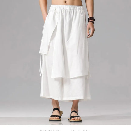 Pantaloni da uomo irregolari in cotone e lino, stile Harajuku, a gamba larga, tinta unita, casual, con elastico in vita, vestibilità ampia, stile punk