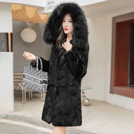 2025 Winter Coat Women Real Fur Fox Fur Coat Ladies Natural Rabbit Fur Jacket Long Hooded Fur Overcoat Wholesale Pockets Tops
