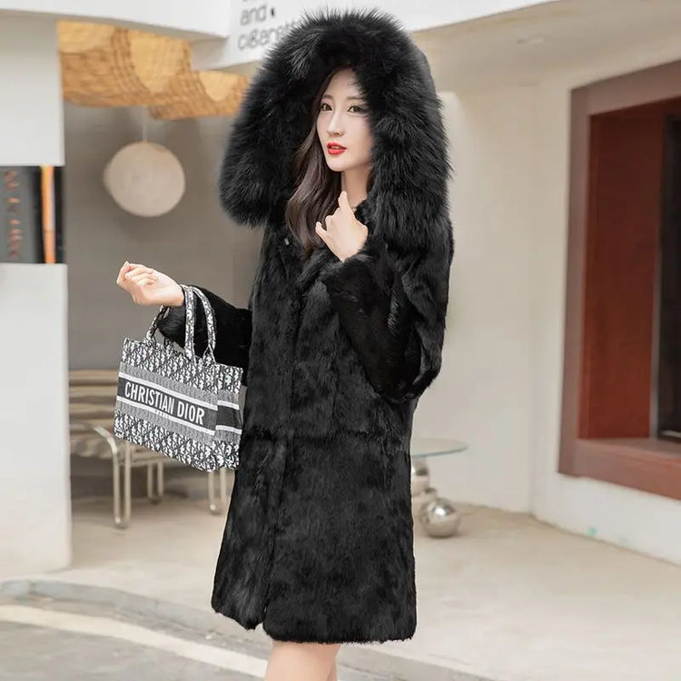 2025 Winter Coat Women Real Fur Fox Fur Coat Ladies Natural Rabbit Fur Jacket Long Hooded Fur Overcoat Wholesale Pockets Tops