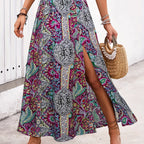 Gonna Lunga Vintage Bohemien con Stampa Etnica da Donna, Gonna Estiva Casual a Vita Alta 2026, Elegante Gonna Boho a Trapezio con Spacco e Pieghe