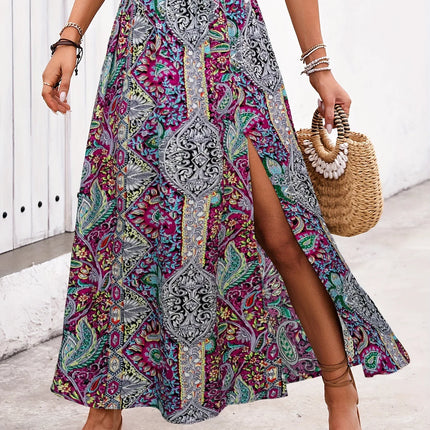 Gonna Lunga Vintage Bohemien con Stampa Etnica da Donna, Gonna Estiva Casual a Vita Alta 2026, Elegante Gonna Boho a Trapezio con Spacco e Pieghe
