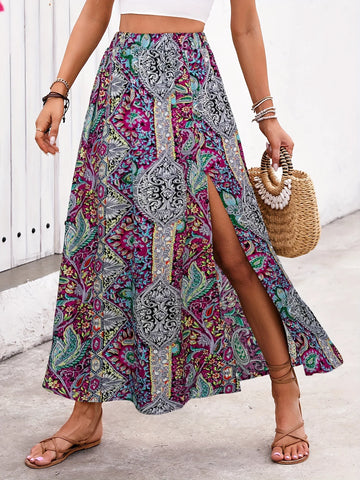 Gonna Lunga Vintage Bohemien con Stampa Etnica da Donna, Gonna Estiva Casual a Vita Alta 2026, Elegante Gonna Boho a Trapezio con Spacco e Pieghe