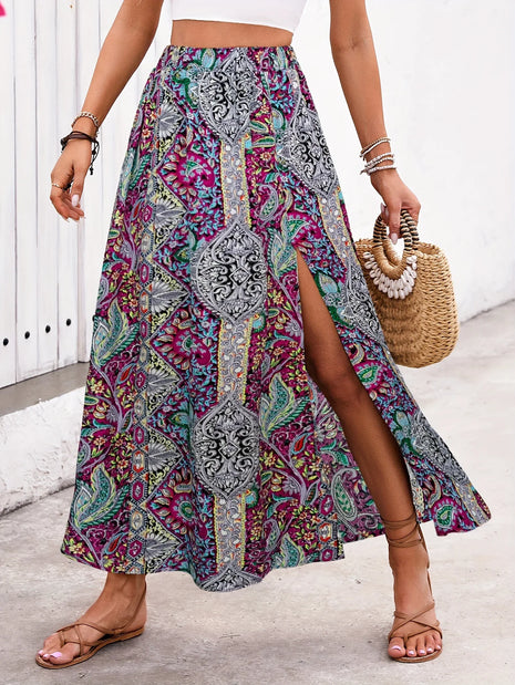 Gonna Lunga Vintage Bohemien con Stampa Etnica da Donna, Gonna Estiva Casual a Vita Alta 2026, Elegante Gonna Boho a Trapezio con Spacco e Pieghe