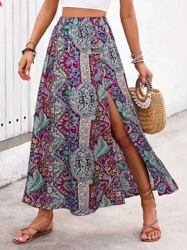 Women's Bohemian Vintage Long Skirt with Ethnic Print, Casual High-Waist Summer Skirt 2026, Elegant Pleated Slit A-Line Boho Skirt