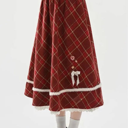 Sweet Red Plaid Long Skirt Women Vintage Faux Woolen Bow Cute Skirts Lace Patchwork High Waist Korean Elegant Warm Long Skirts PlatiNum