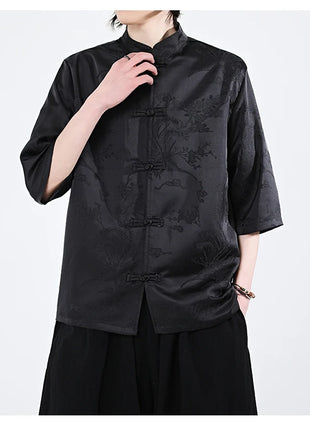 Camicie cinesi Camicia retrò in seta di ghiaccio con motivo floreale scuro Tradizionale Kung Fu Tai Chi Casual Loose Fit Top da uomo traspirante estivo