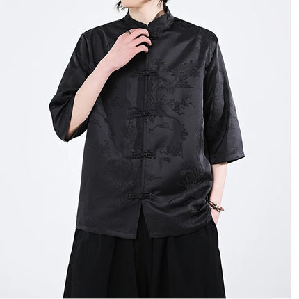 Camicie cinesi Camicia retrò in seta di ghiaccio con motivo floreale scuro Tradizionale Kung Fu Tai Chi Casual Loose Fit Top da uomo traspirante estivo