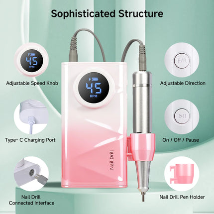 Rechargeable Nail Drill Machine, 45000RPM, 4500mAh Large‑Capacity Battery, Electric Nail File For Gel Nail Removal, Cuticle Removing, Callus Polishing, Manicure & Pedicure Tool For Beginners, Home & Salon Use