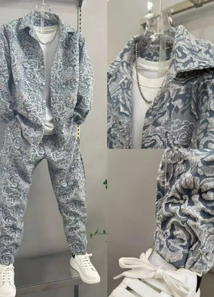 New Spring and Autumn Men's Casual Suit Lapel Jacquard Shirt Trousers Two-piece Set Comfortable Loose PlatiNum