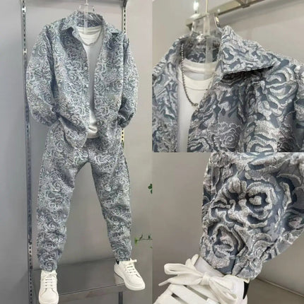 New Spring and Autumn Men's Casual Suit Lapel Jacquard Shirt Trousers Two-piece Set Comfortable Loose PlatiNum