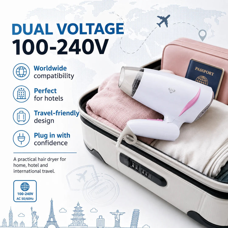 1600W Dual Voltage Hair Dryer Foldable Design 100-240V Portable Travel Hairdryer Hot Cold Air Styling Tool Hotel Use