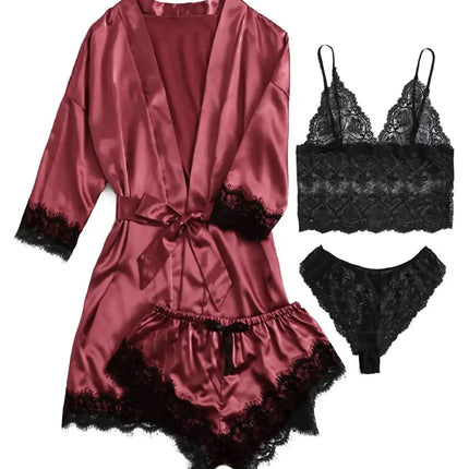 Pigiama da donna lussuoso con scollo a V in 4 pezzi camicia da notte sexy pizzo in raso halter accappatoio in raso di seta camicia da notte per la casa pigiama sexy per la casa platinumshop