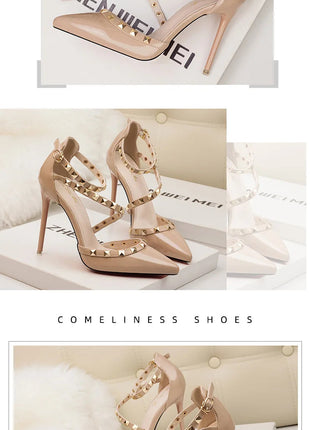 Scarpe tacco alto da donna estive in Europa e America Moda punta a punta bocca superficiale rivetto scava fuori sandali a spillo da discoteca platinumshop