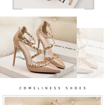 Scarpe tacco alto da donna estive in Europa e America Moda punta a punta bocca superficiale rivetto scava fuori sandali a spillo da discoteca platinumshop