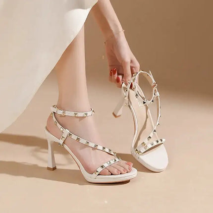 Sandali Estivi da Donna con Rivetti Colorati, Punta Tonda, Tacco Sottile 9cm, Cinturino alla Caviglia, Fascia Stretta Dritta, Scarpe Eleganti da Donna platinumshop