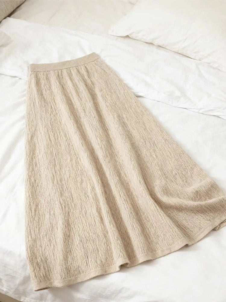 Choice Luxury Women 100% Cashmere Skirt Pleated Mid-Calf Skirt Spring Autumn Office Lady Grace Style A-Skirt Cashmere Knitwear PlatiNum