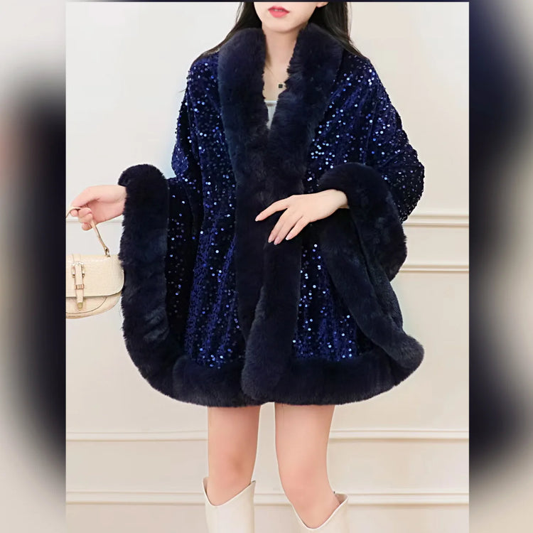 ZADORIN Fashion Sequins Long Furry Warm Faux Fur Coat Woman Autumn Winter Fur Cape Ponch Wedding Party Fur Shawl Cloak Cardigans