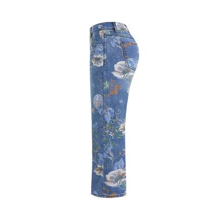 Jeans da donna con stampa Pantaloni a gamba larga Tasche a vita alta a tutta lunghezza Pantaloni dritti lavati in denim effetto consumato Casual invecchiato