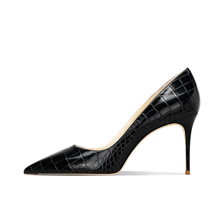 2025 New Blue Crocodile Leather High Heels Women Pointed Toe Stiletto Elegant Office Shoes