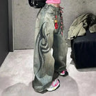 Y2K Street Retro Jeans Donna Pantaloni larghi con stampa totem screziati Moda Hip Hop Trend Coppia allentata Pantaloni larghi a gamba larga dritti americani