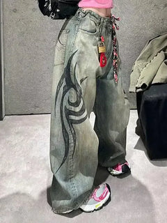 Y2K Street Retro Jeans Donna Pantaloni larghi con stampa totem screziati Moda Hip Hop Trend Coppia allentata Pantaloni larghi a gamba larga dritti americani
