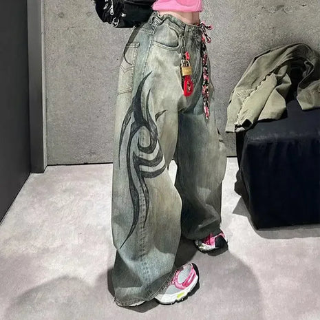 Y2K Street Retro Jeans Donna Pantaloni larghi con stampa totem screziati Moda Hip Hop Trend Coppia allentata Pantaloni larghi a gamba larga dritti americani