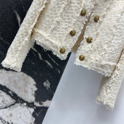 Women's jacket New autumn 2025 double breasted slim long sleeved top tweed weave Women's coat Cotton blend round neck outerwears