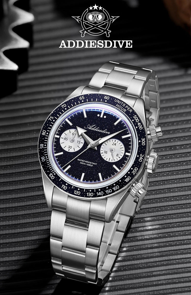 ADDIESDIVE New Quartz Watch Luxury VK64 Chronograph Men Wristwatches BGW9 Luminous Diving 100m Waterproof 316L Stainless Steel