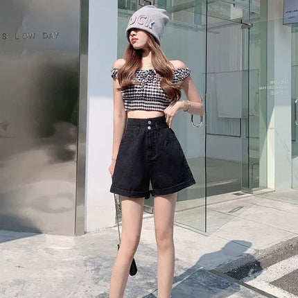 Women's summer thin denim shorts with loose fit high waist slimming effect wide legs and rolled edge hot pants for outerwear PlatiNum