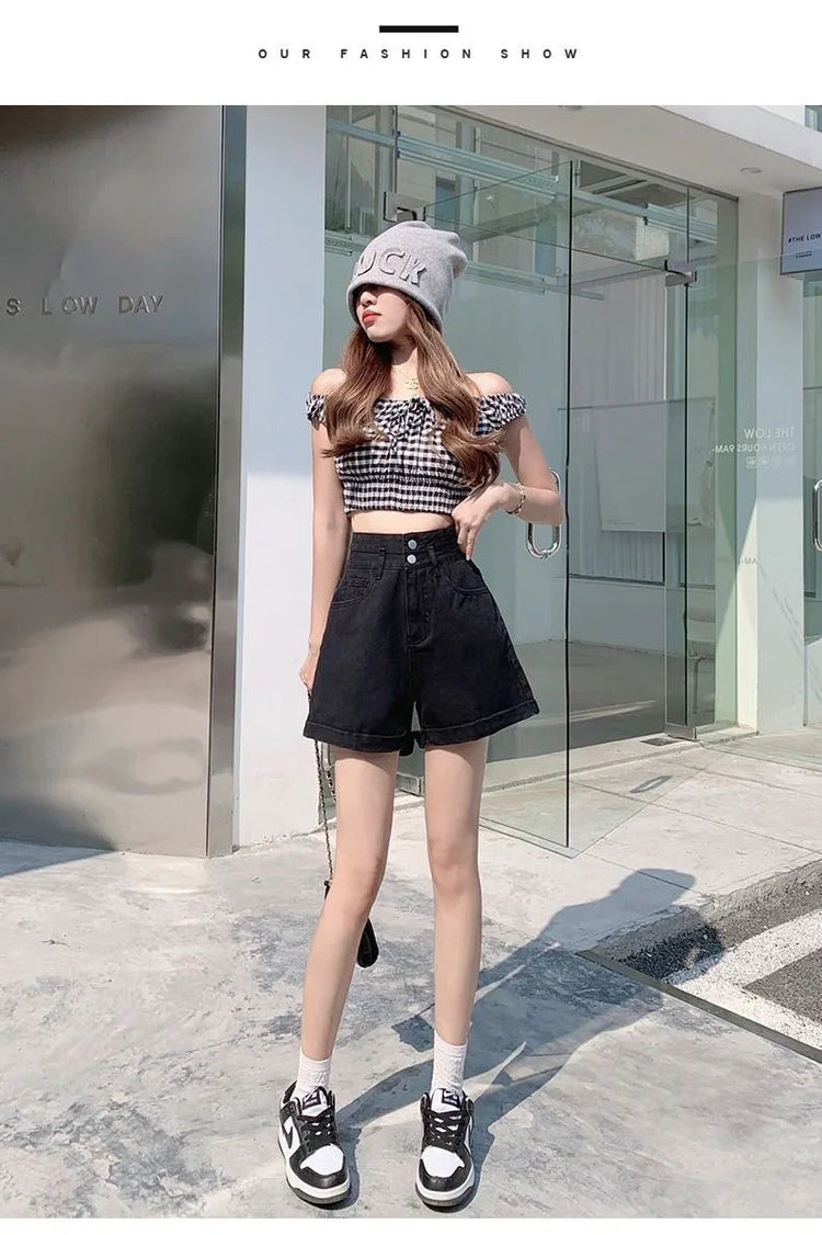 Women's summer thin denim shorts with loose fit high waist slimming effect wide legs and rolled edge hot pants for outerwear PlatiNum