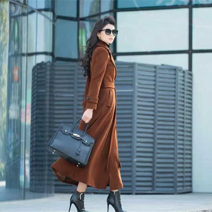 New Women's Spring Autumn Winter Woolen Coat Slim  Long Over The Knee Lining Woolen Windbreaker Outerwear Match Belt Female