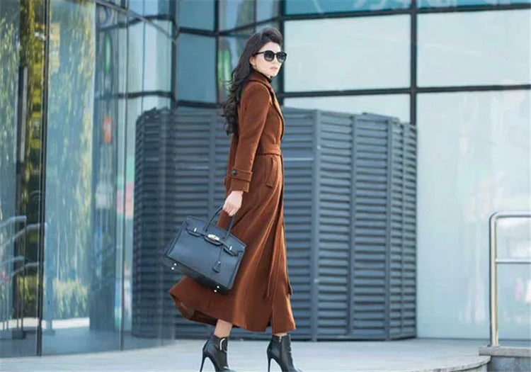New Women's Spring Autumn Winter Woolen Coat Slim  Long Over The Knee Lining Woolen Windbreaker Outerwear Match Belt Female