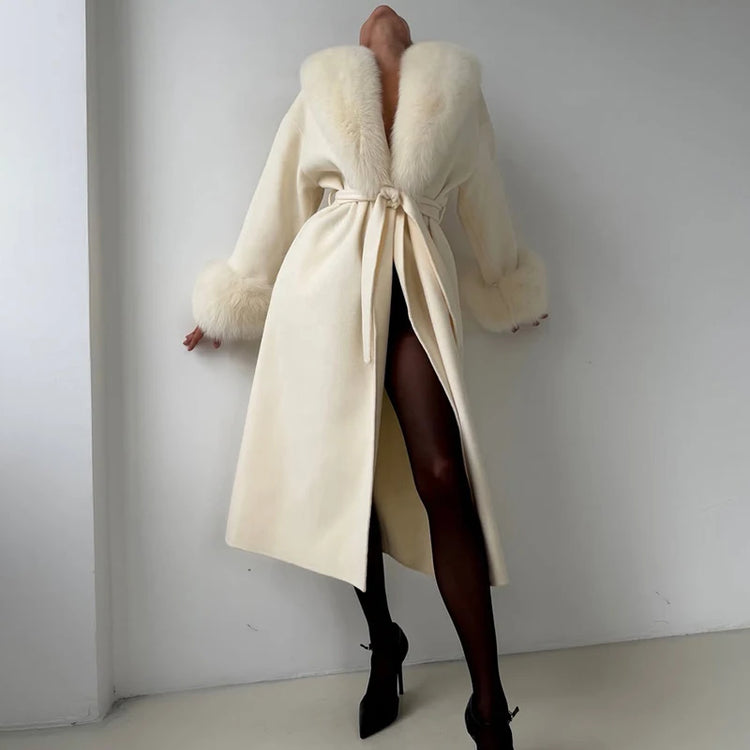 TARUXY Women Luxurious Faux Fox Fur Collar Long Jacket Elegant Solid Long-Sleeved Loose Lace Up Street Warm Coat 2026 Winter New