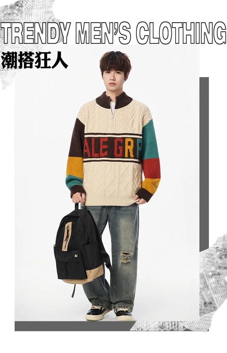 Autumn/winter Fashion Trend Retro Sports Thickened Warm Knitted Sweater Men's Loose Comfortable Large Size High Quality Sweater