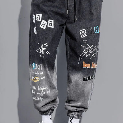 Men's Distressed Denim Pants Cuffed, Artistic Gradient Harem Jeans, Oversized Hip Hop Trousers for Spring Fall Versatile Outfits PlatiNum
