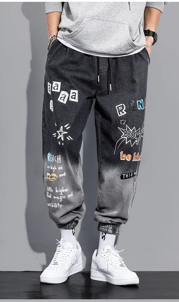 Men's Distressed Denim Pants Cuffed, Artistic Gradient Harem Jeans, Oversized Hip Hop Trousers for Spring Fall Versatile Outfits PlatiNum