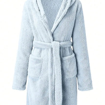 1 pezzo di vestaglia da donna con cappuccio in tinta unita con cintura, pigiama in pile accogliente e caldo per la casa in autunno e inverno.