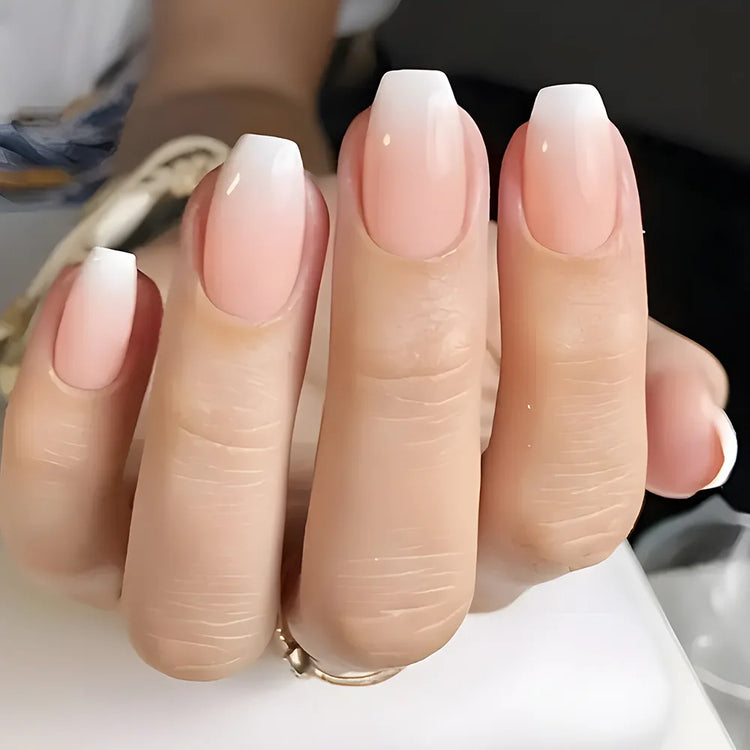 24Pcs Simple Square Head Fake Nail with nude design White Gradient French Press on False Nails Short Full Cover Nail Tips