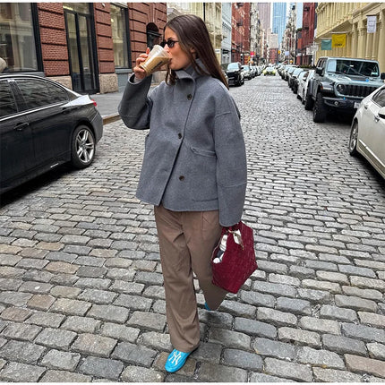 Elegant Women's Belt Short Woolen Coats Loose Stand Collar Single-breasted Long Sleeve Jacket 2026 Autumn Lady Commute Outwear