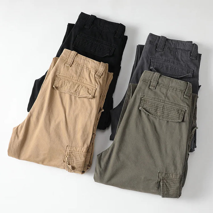 American Style Men's Heavyweight Cotton Cargo Pants Multi-Pocket Casual Loose Straight-Leg Work Trousers Outdoor Jogger Pants
