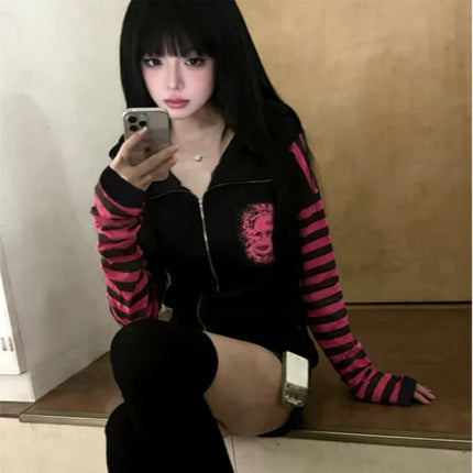 2026 Dark Pink Black Punk Skeleton Printed Striped Sleeve Hoodie Street Style Women's Zipper Cardigan Wholesale