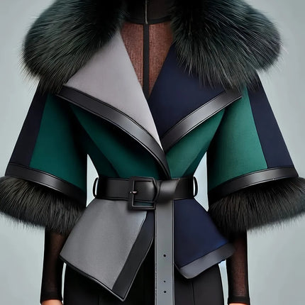 Elegant Women Winter Wool Coat Faux Fur Collar Color Block Patchwork Jacket Belt Waist Cinched 3/4 Sleeve Fashion Lady Outerwear