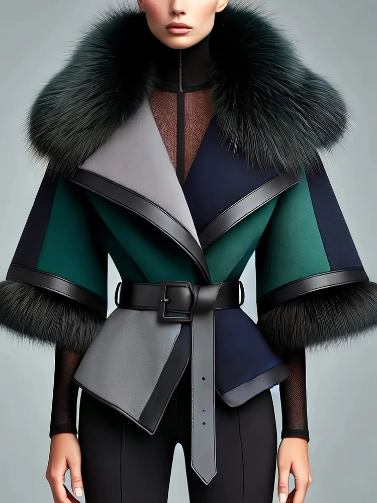 Elegant Women Winter Wool Coat Faux Fur Collar Color Block Patchwork Jacket Belt Waist Cinched 3/4 Sleeve Fashion Lady Outerwear