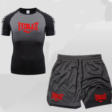 EVERLAST Men's Compress Shirt + 2-in-1 sports shorts 2pcs Set Leisure Breath Short Sleeve Sport Jogging Gym Brand Print Clothing platinumshop